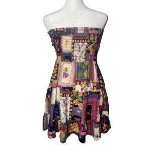 Angie Strapless Boho Mini Dress Small Patchwork Smocked Festival Beachwear